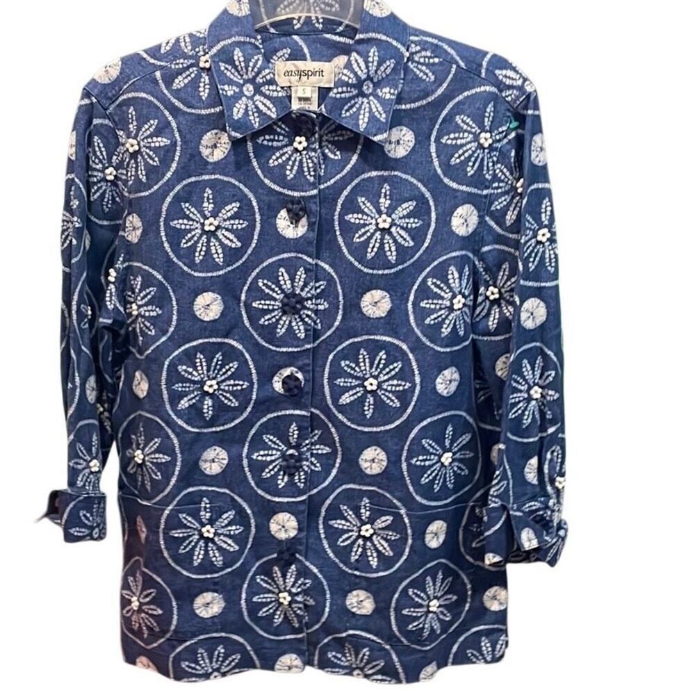 EASYSPIRIT Women’s Linen Button Up Short Sleeve  Shirt Sz Small Blue Beach